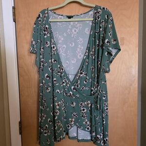 Torrid Green Floral Wrap Blouse